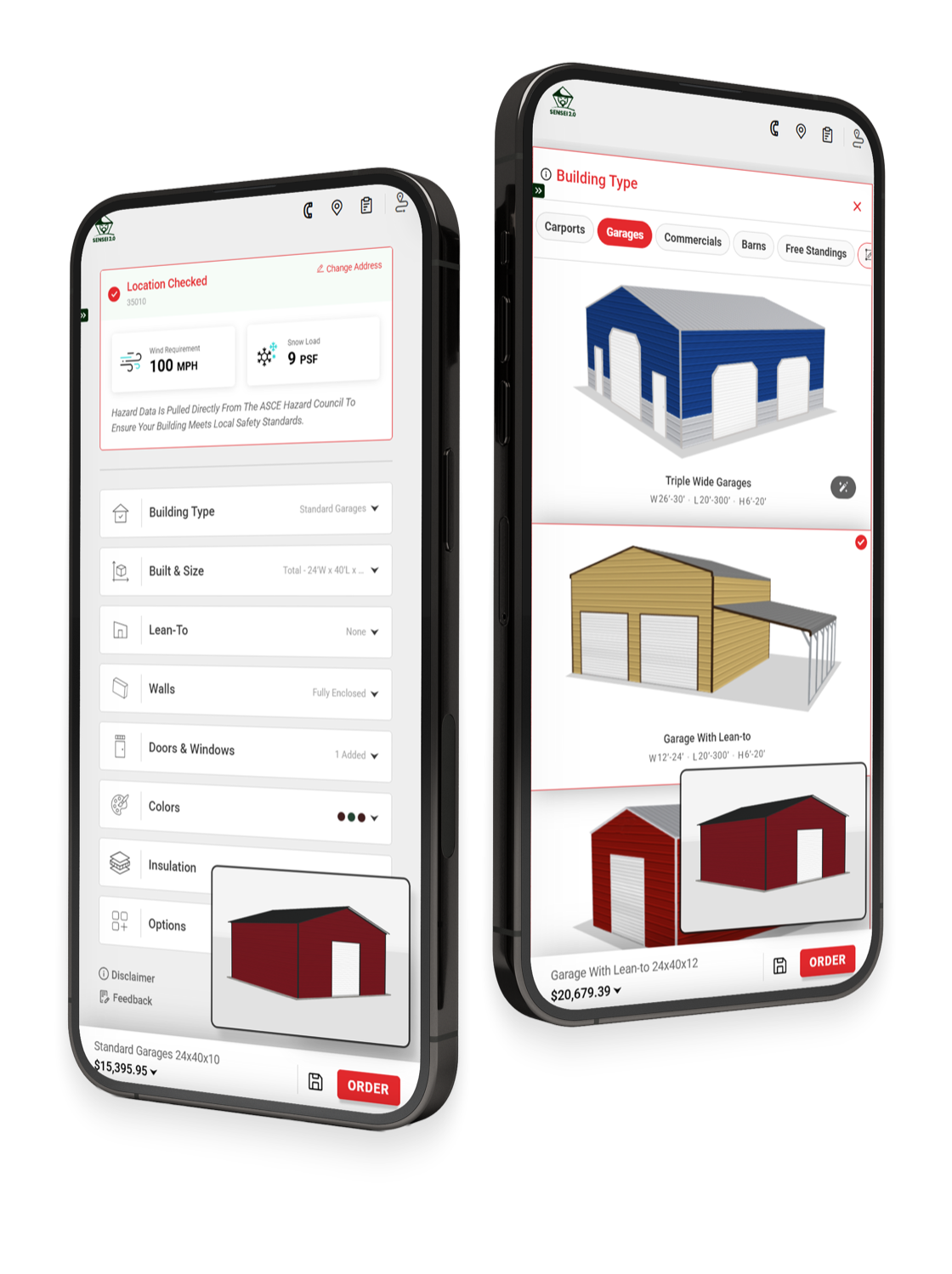 The Sensei 3D carport designer running on a phone