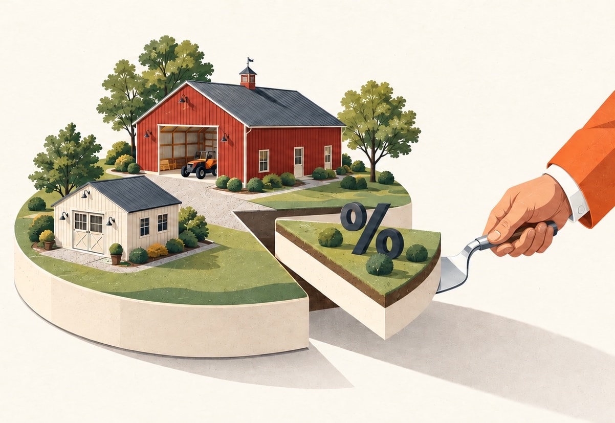 A shed and a red metal barn on a plot of land, with one pie-shaped slice being lifted out by a hand holding a trowel — the profit you get to keep.